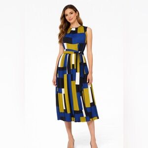 NWOT, never worn Hobbs Geometric Blue and Green Midi Dress